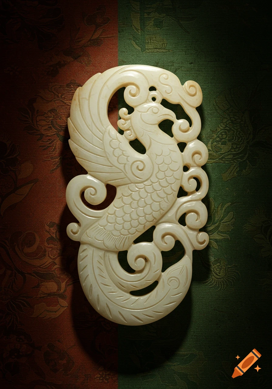 A white jade phoenix-shaped ornament with intricate carvings on a split red and green patterned fabric background.