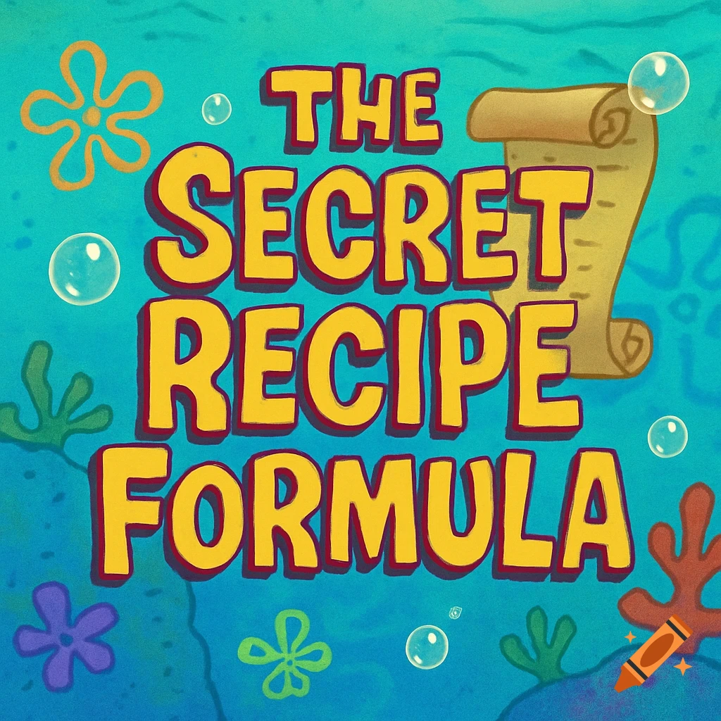 SpongeBob-style title card with the text 'The Secret Recipe Formula' on an underwater background with a scroll.