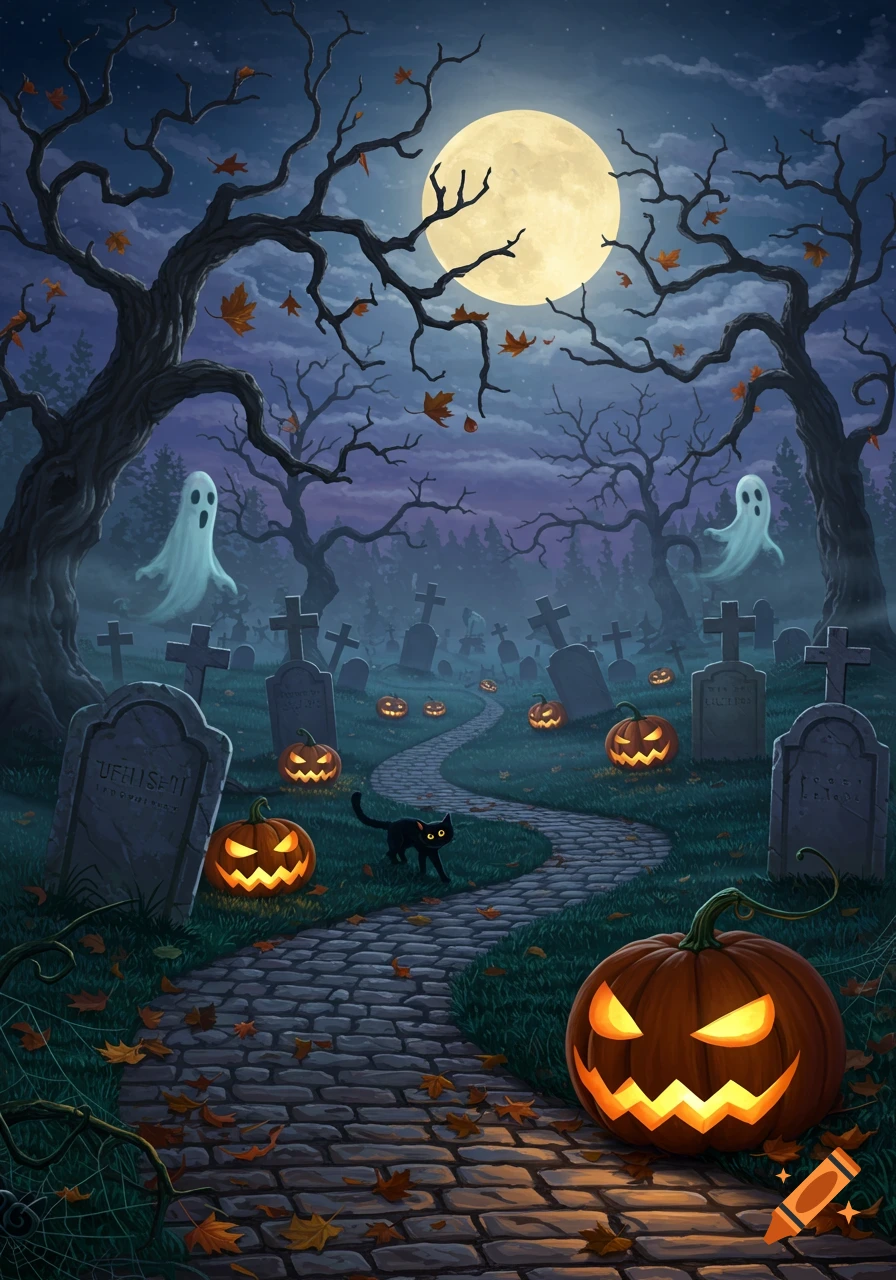 Illustrative Halloween scene with a full moon, bare trees, glowing jack-o'-lanterns, two ghosts, a black cat, and gravestones in a spooky cemetery.