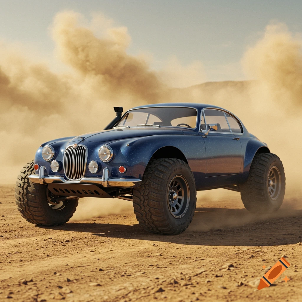 A dark blue metallic flake 1960 Jaguar Mark 9 lifted 4x4 concept with large off-road tires kicks up dust on a dirt road.