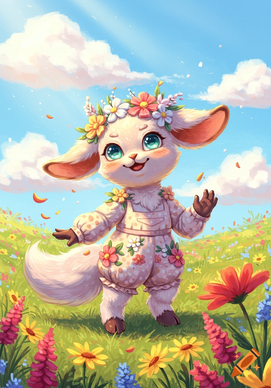 A cute, light-furred mythical creature with big blue eyes, wearing a flower crown and floral romper, stands in a vibrant field of flowers under a sunny sky.