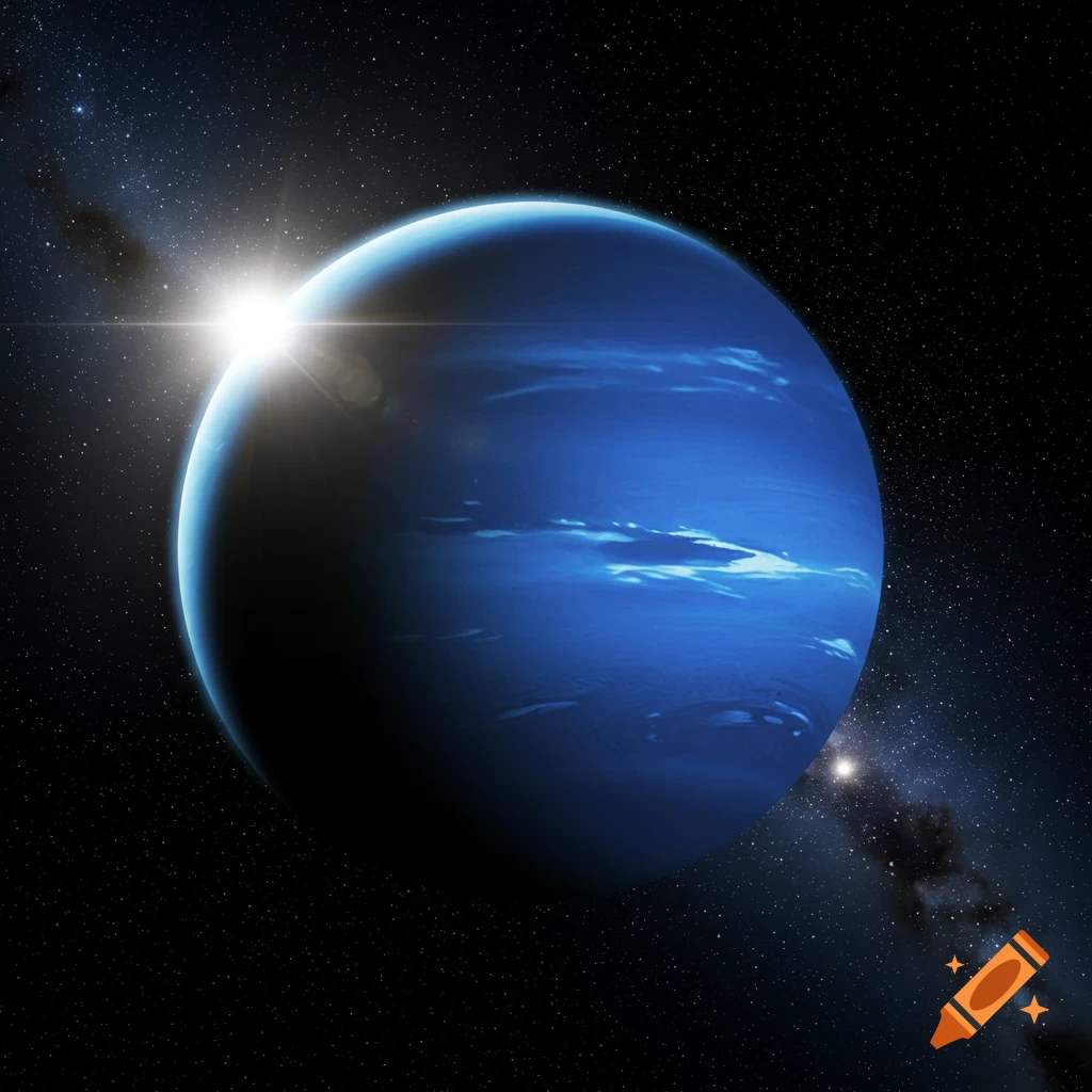 Blue planet Neptune in space, with a bright sunflare peeking from behind it and distant stars.