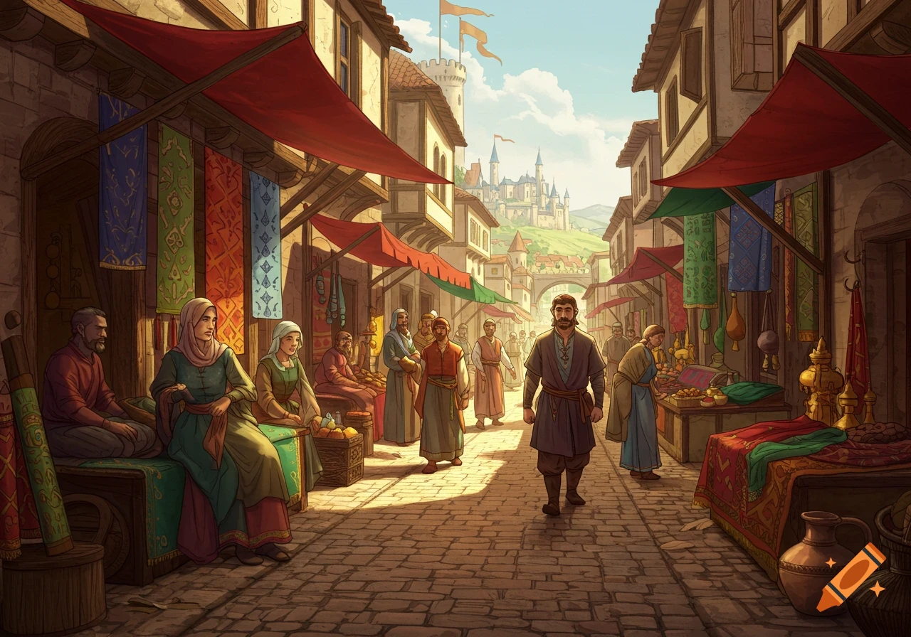 A bustling market street illustration with people in historical attire ...