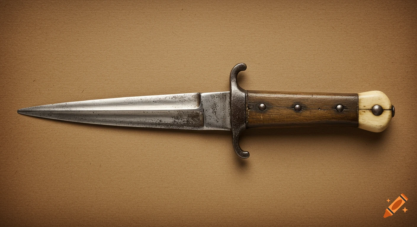 Antique Basque dagger with a steel blade and wooden handle on a textured sepia background, top-down view.