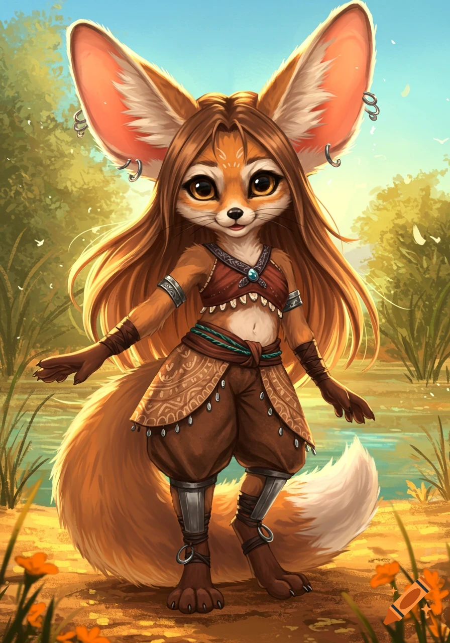 A cute anthropomorphic fennec fox with long hair, large ears, and a tribal outfit stands by a river in a vibrant digital art style.