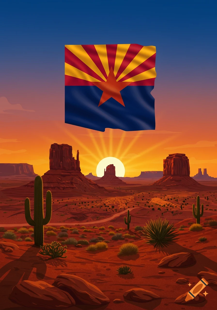 Stylized illustration of the Arizona flag hovering over a sunset desert landscape with mesas and saguaro cacti.