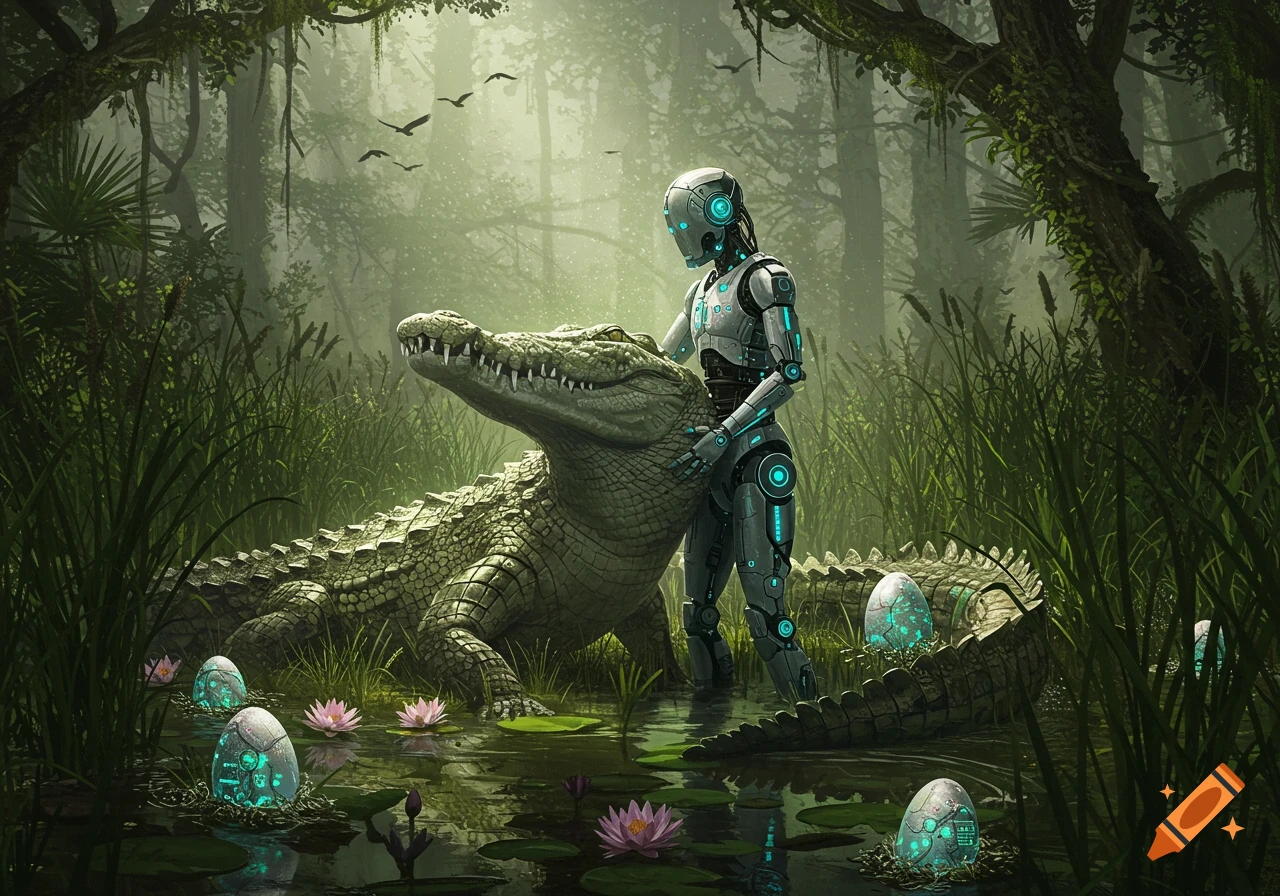 A sleek, grey robot with glowing blue accents stands in a lush, misty swamp, gently touching a large green alligator. Glowing egg-like objects and pink water lilies float in the water.