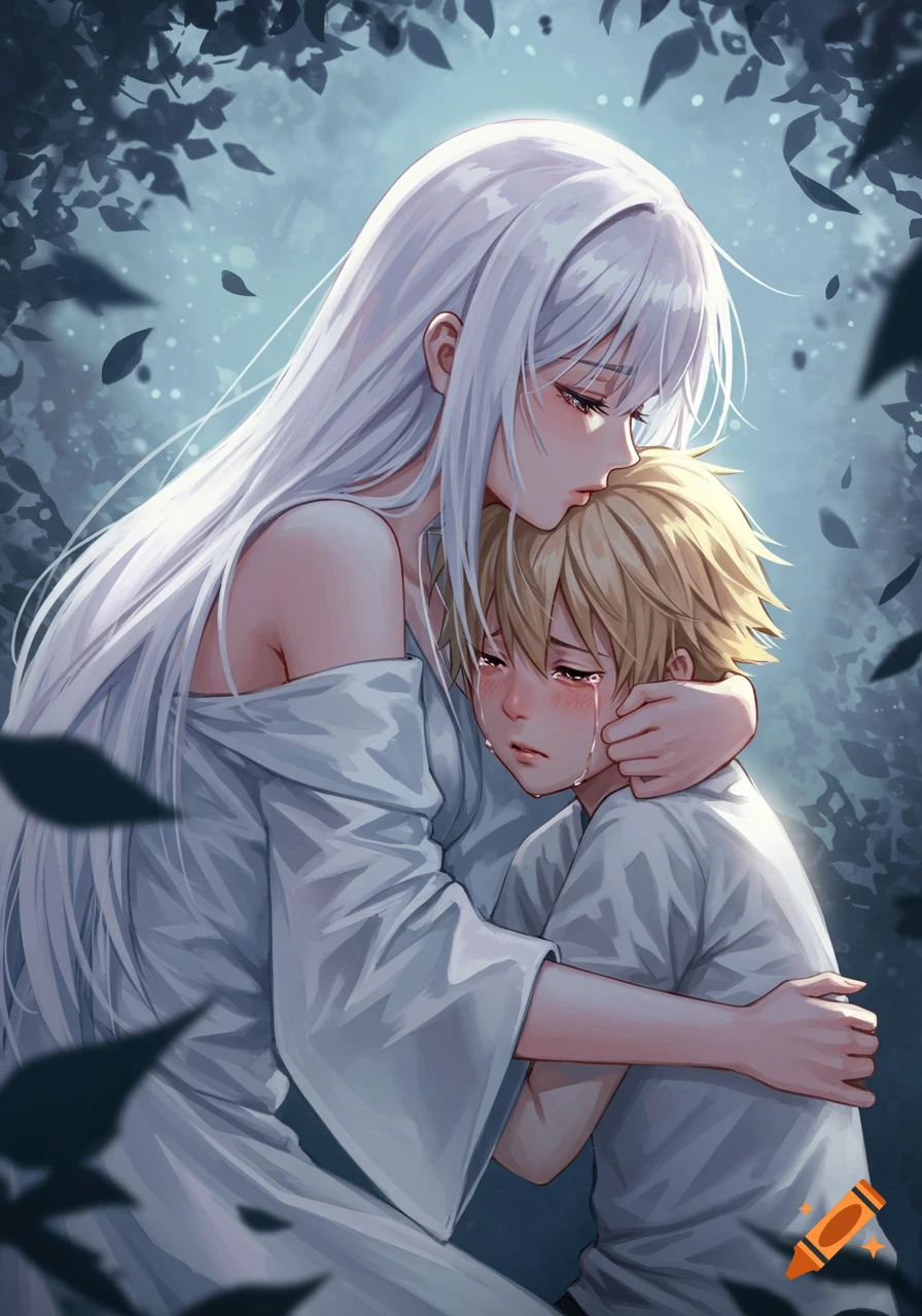 Anime illustration of a white-haired woman in a flowing white dress hugging and comforting a crying blonde boy.