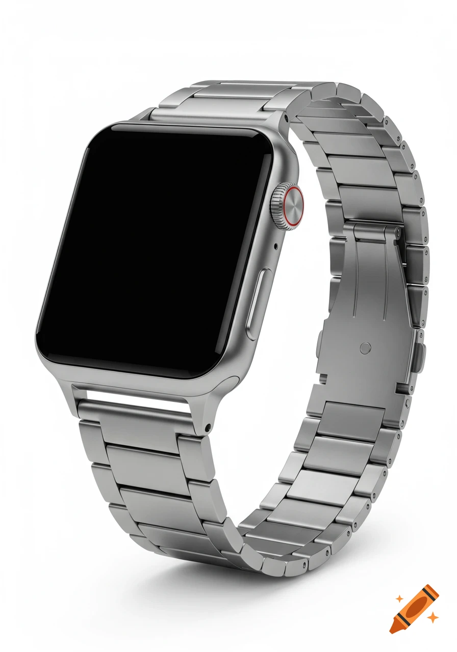 A silver smartwatch with a black screen and a metal link band, presented on a clean white background in a studio shot.