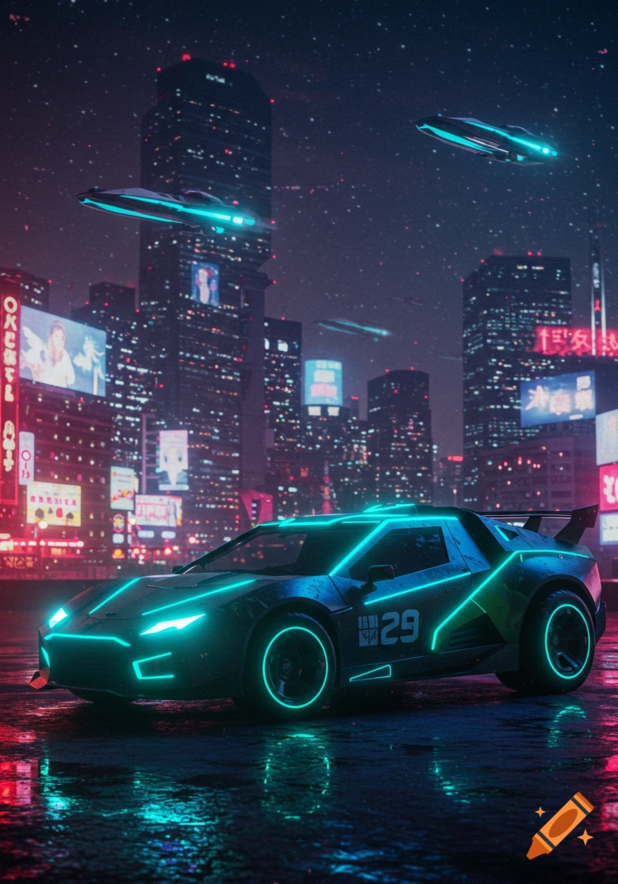 A neon-lit cyberpunk city at night with a futuristic black sports car ...