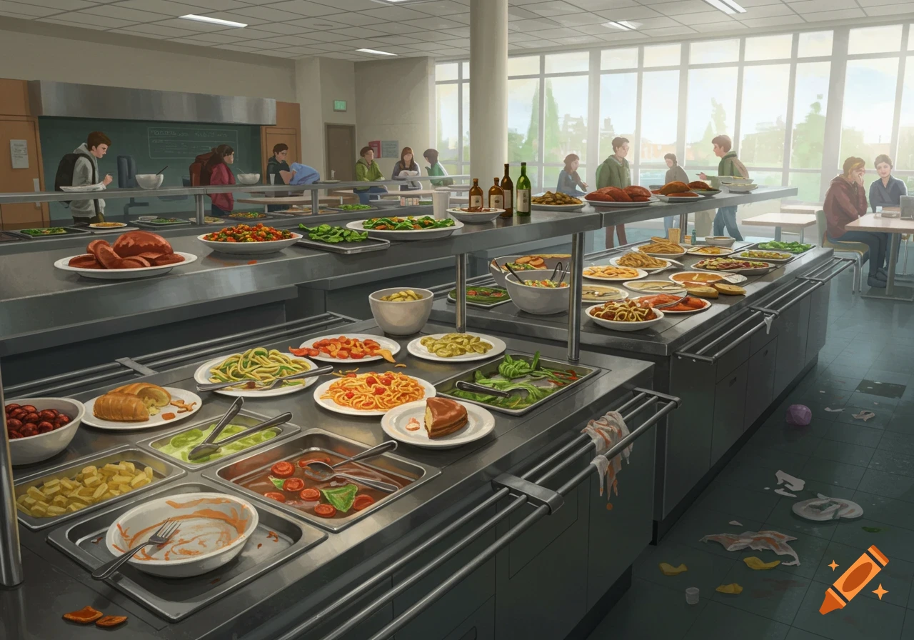 A busy cafeteria with long buffet lines of various dishes, some half-eaten, and mess on the floor. People are queuing and sitting.