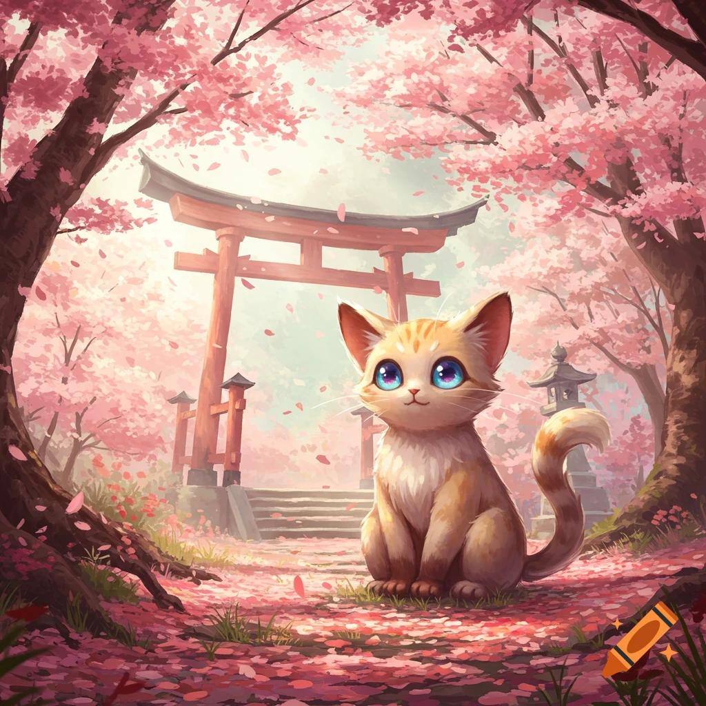 Cute cartoon cat with blue eyes sitting among pink cherry blossom petals, with a Japanese torii gate in the background.