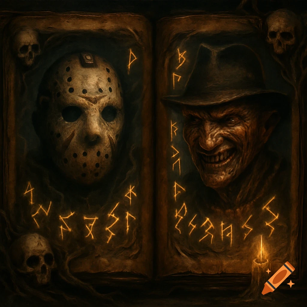 An ancient, dark book open to reveal Jason Voorhees' hockey mask on the ...