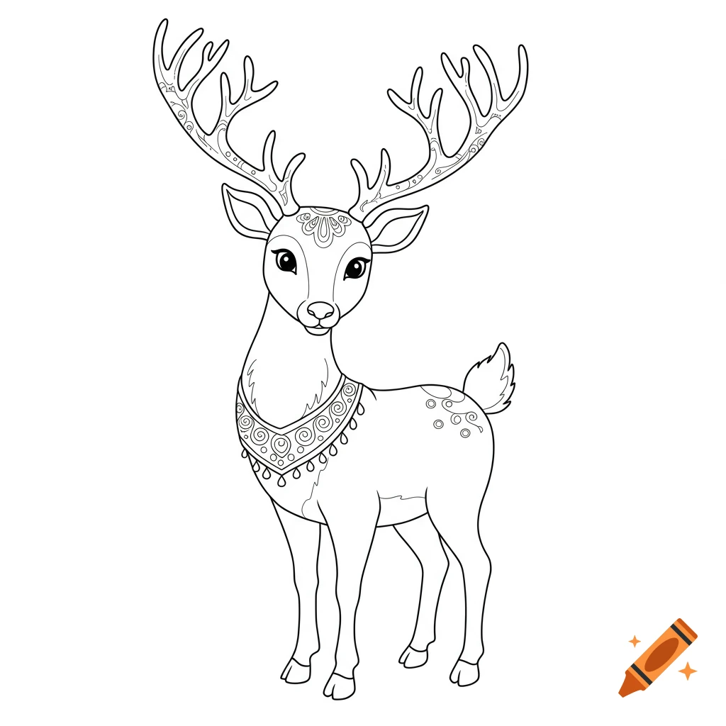 A black and white line art drawing of a cute reindeer with decorated antlers and a patterned neck collar, in a coloring book style.