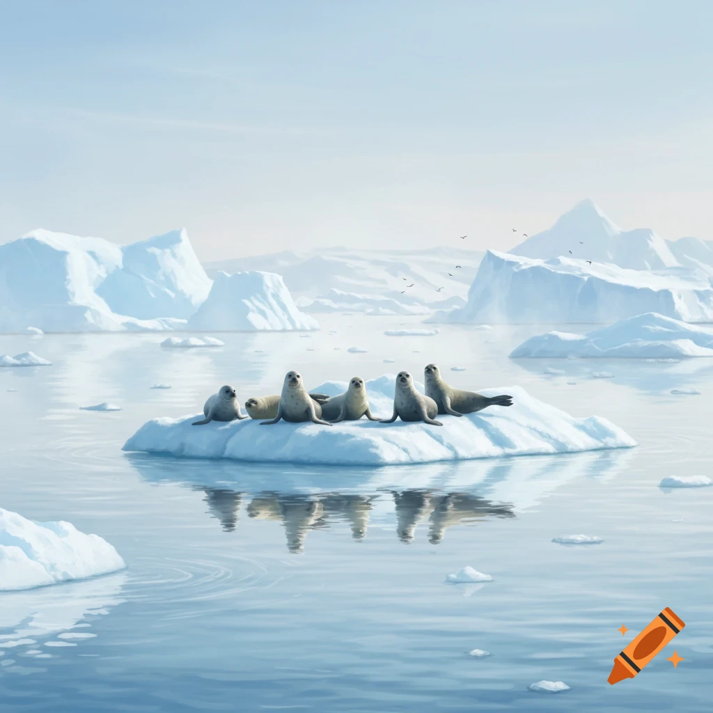A group of seals rests on a large iceberg in a calm, icy ocean, with distant icebergs under a light blue sky in an illustrative style.