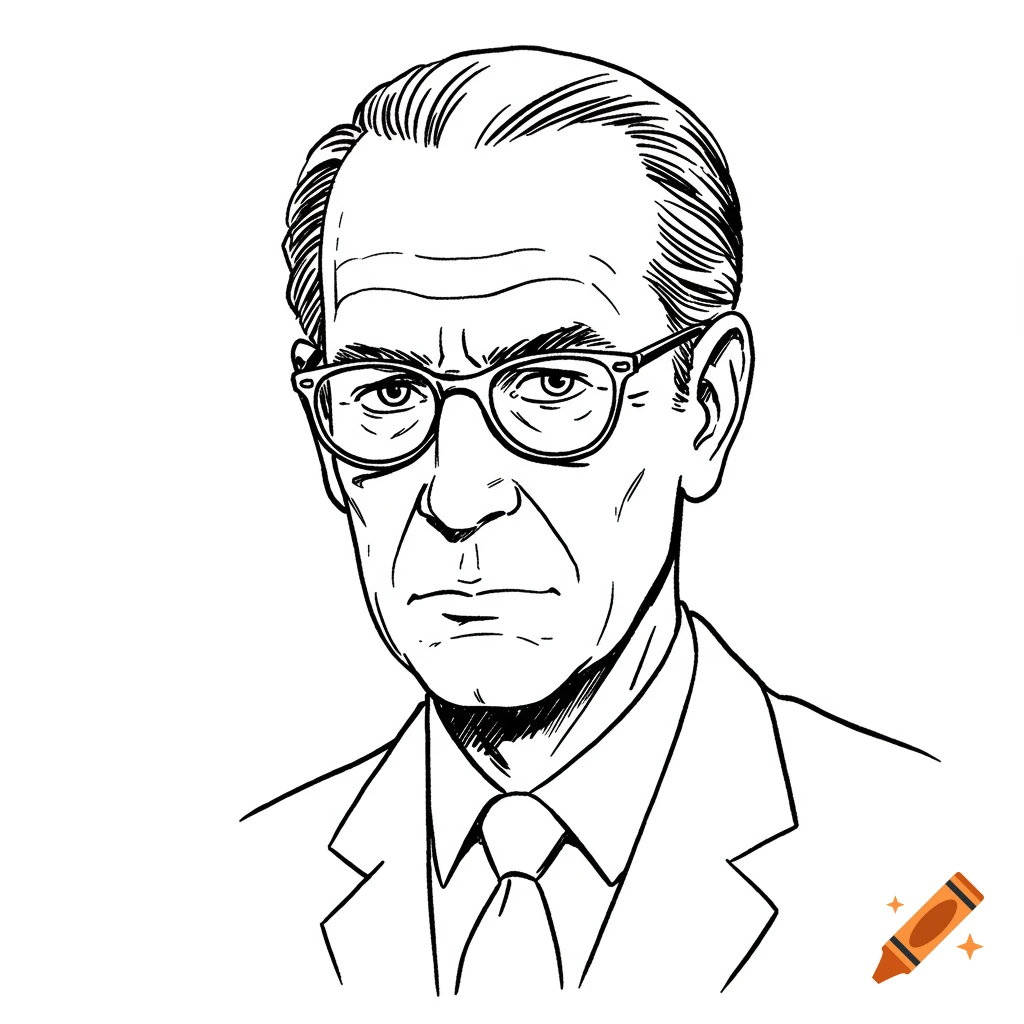 Black and white line drawing of a man with glasses and slicked-back hair, wearing a suit and tie.