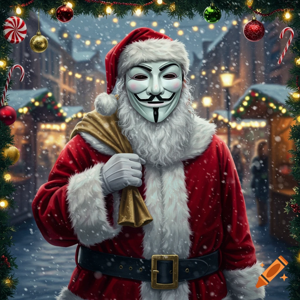A photorealistic image of Santa Claus in a Guy Fawkes mask, carrying a sack through a snowy, festive Christmas market.