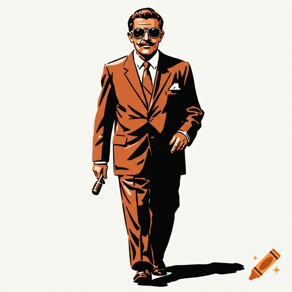Stylized pop art of a man in a brown suit, sunglasses, and mustache, holding a microphone, walking forward on a white background.