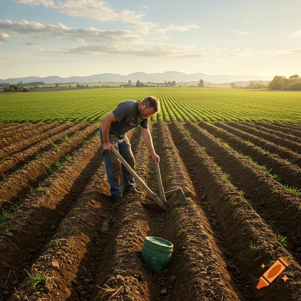 A man in overalls plows a field with a hoe under a bright sky with distant mountains.