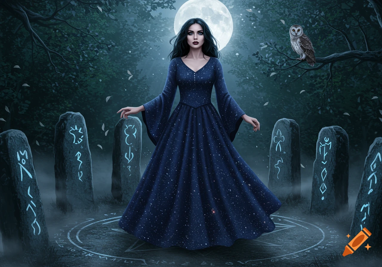 A mystical witch in a starry blue dress stands in a moonlit forest clearing, surrounded by glowing runic stones and a magic circle on the ground, with an owl perched on a branch.