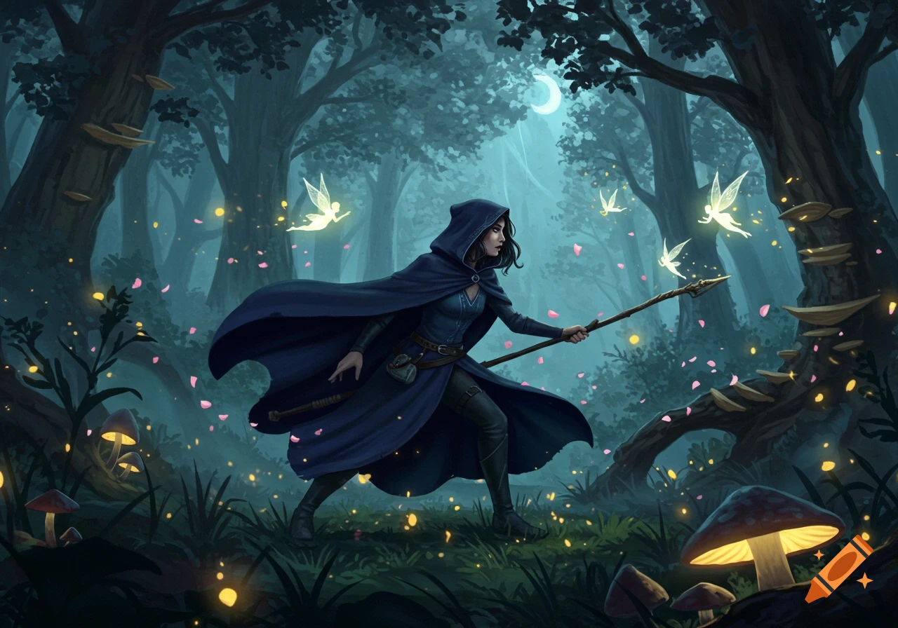A cloaked witch walks through a mystical, dark forest under a crescent moon, with glowing fairies and mushrooms, digital painting.