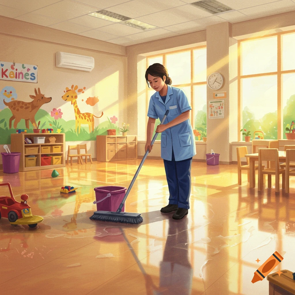 A cleaning woman mops the shiny wooden floor of a brightly lit kindergarten classroom with murals and toys.