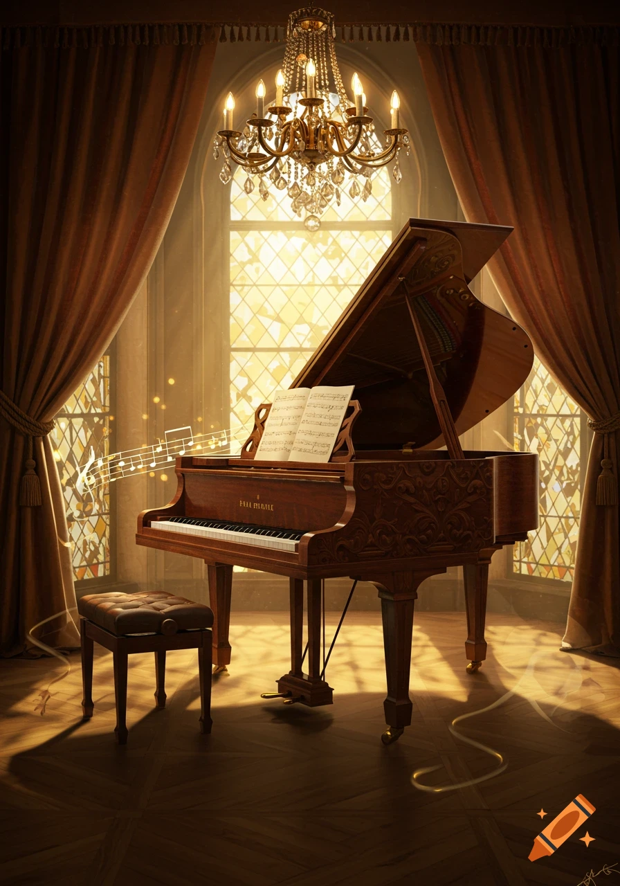 A grand piano and stool in an elegant room with a chandelier, ornate windows, and glowing musical notes floating around.
