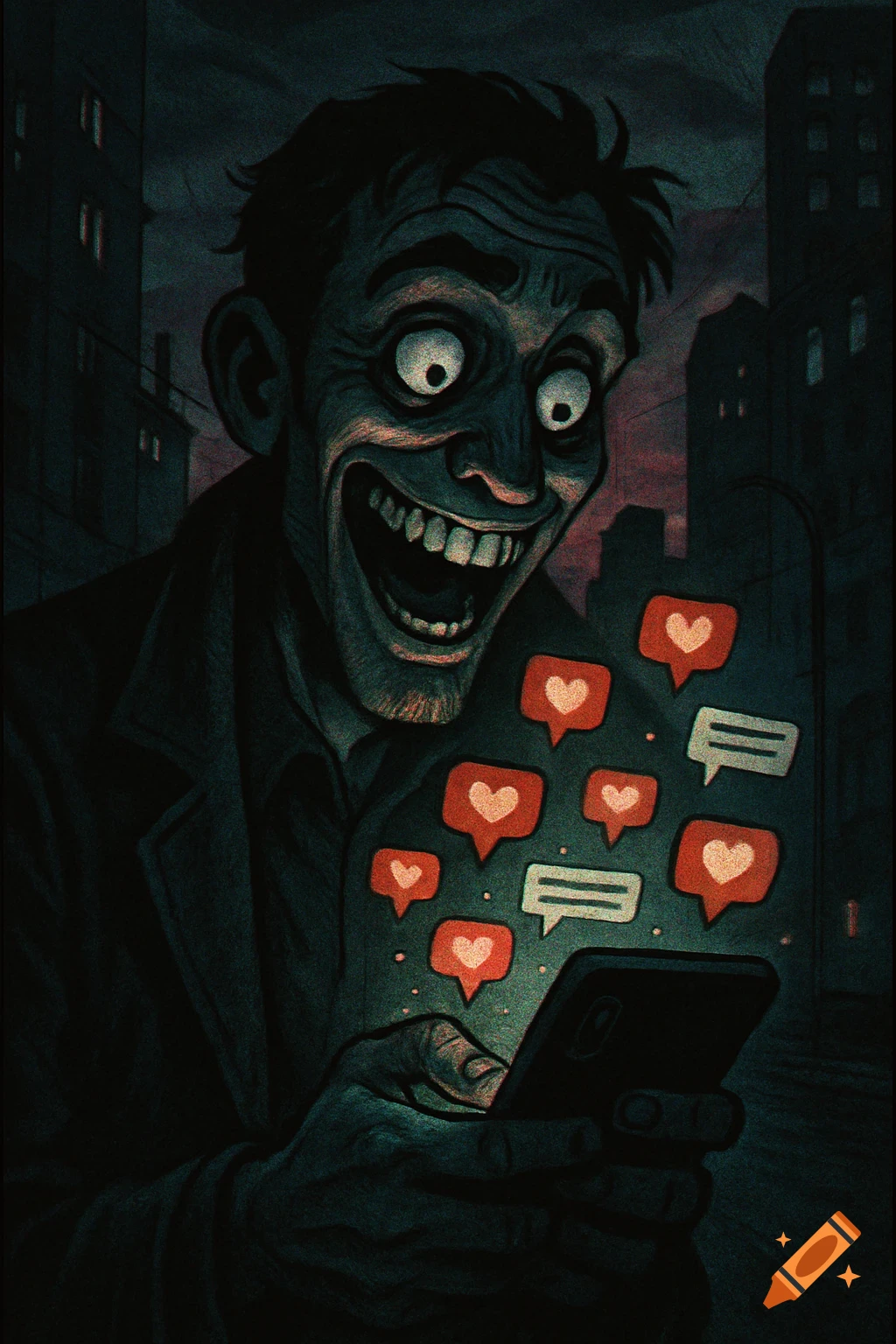 A man with a wide, eerie smile and wide eyes gazes at his phone, surrounded by glowing social media like and comment bubbles in a dark, stylized digital art.