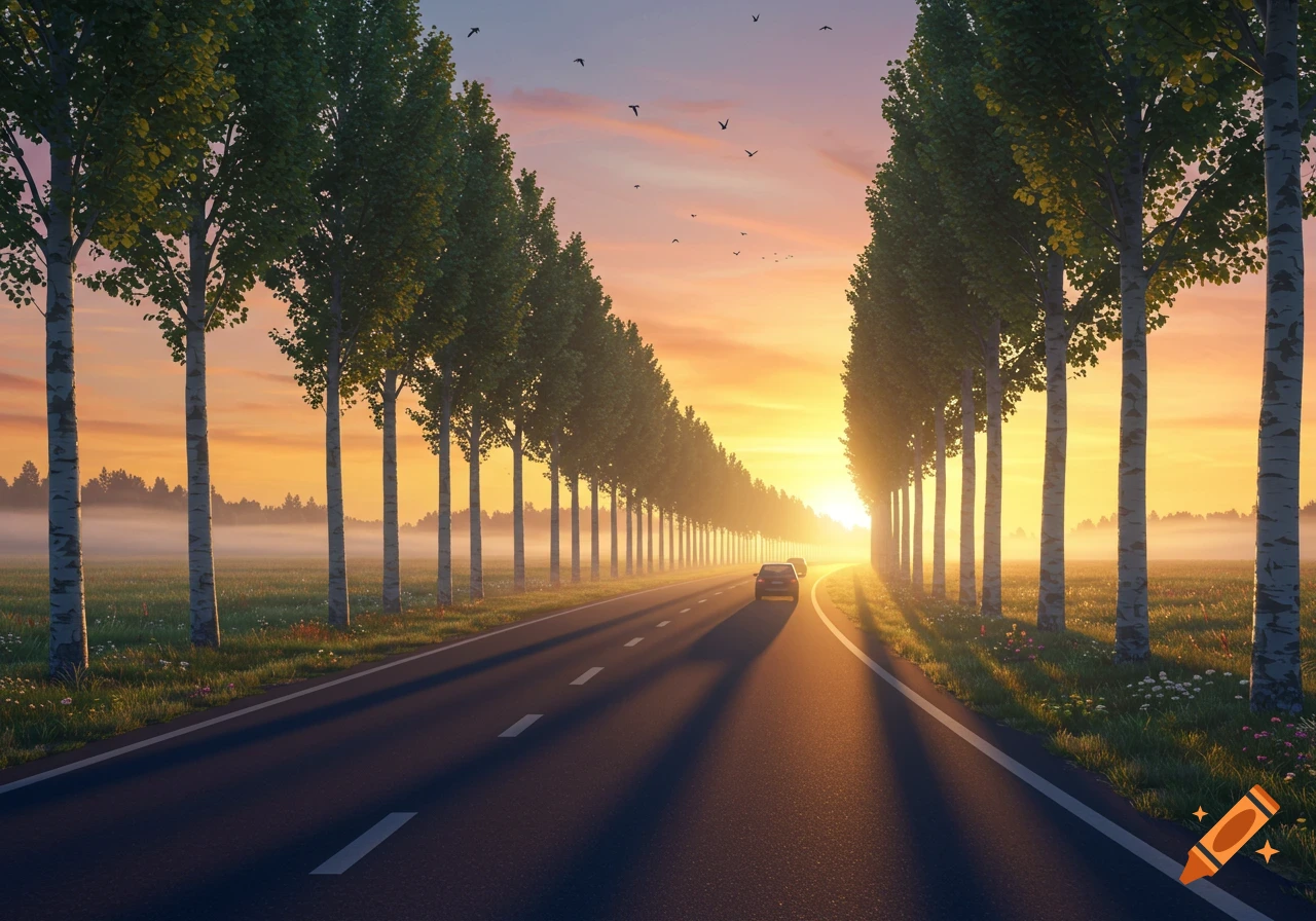 A long, tree-lined road at sunset, with two cars driving towards the horizon in a misty landscape.