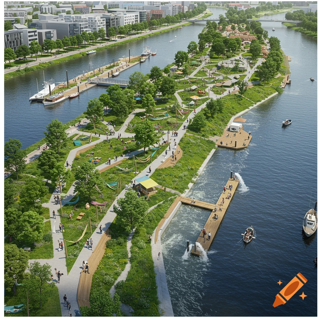 Aerial view of a vibrant urban waterfront park with walking paths, hammocks, docks, boats, and people enjoying leisure activities.