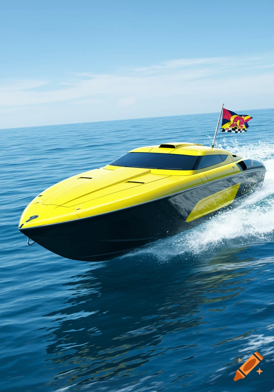 A sleek yellow and black speed boat races across blue water, creating a white wake under a clear sky.