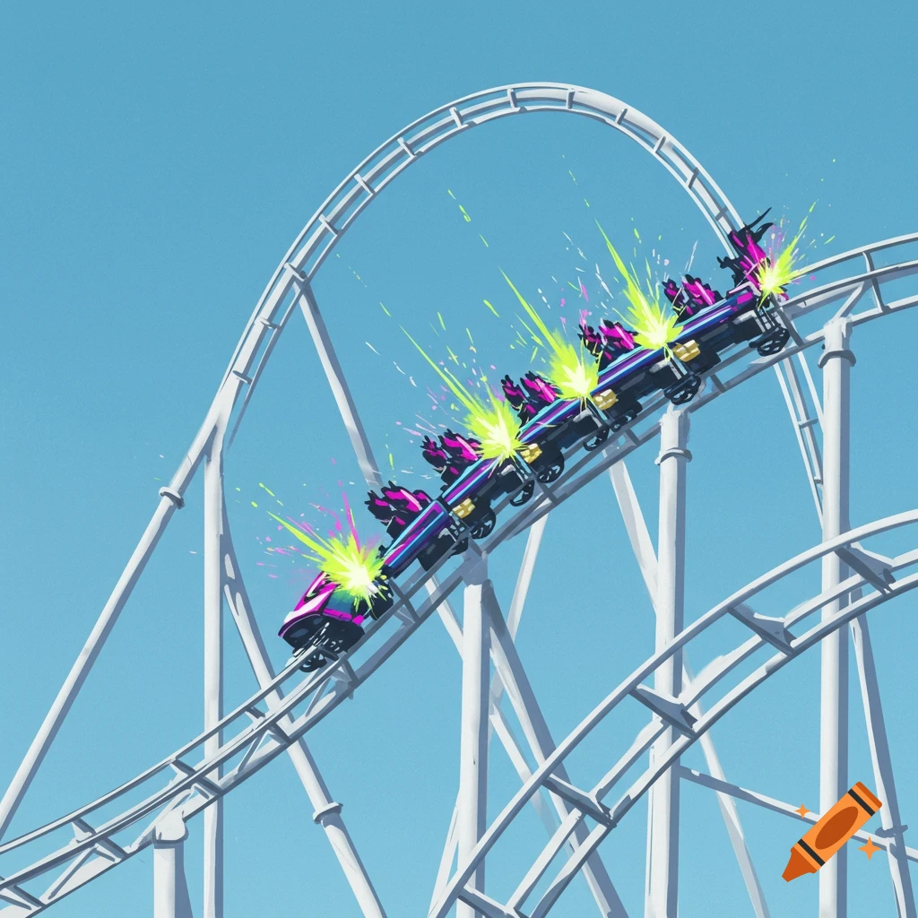A stylized rollercoaster train with pink and blue cars speeds down a track, emitting bright neon green and pink spark effects against a clear blue sky.