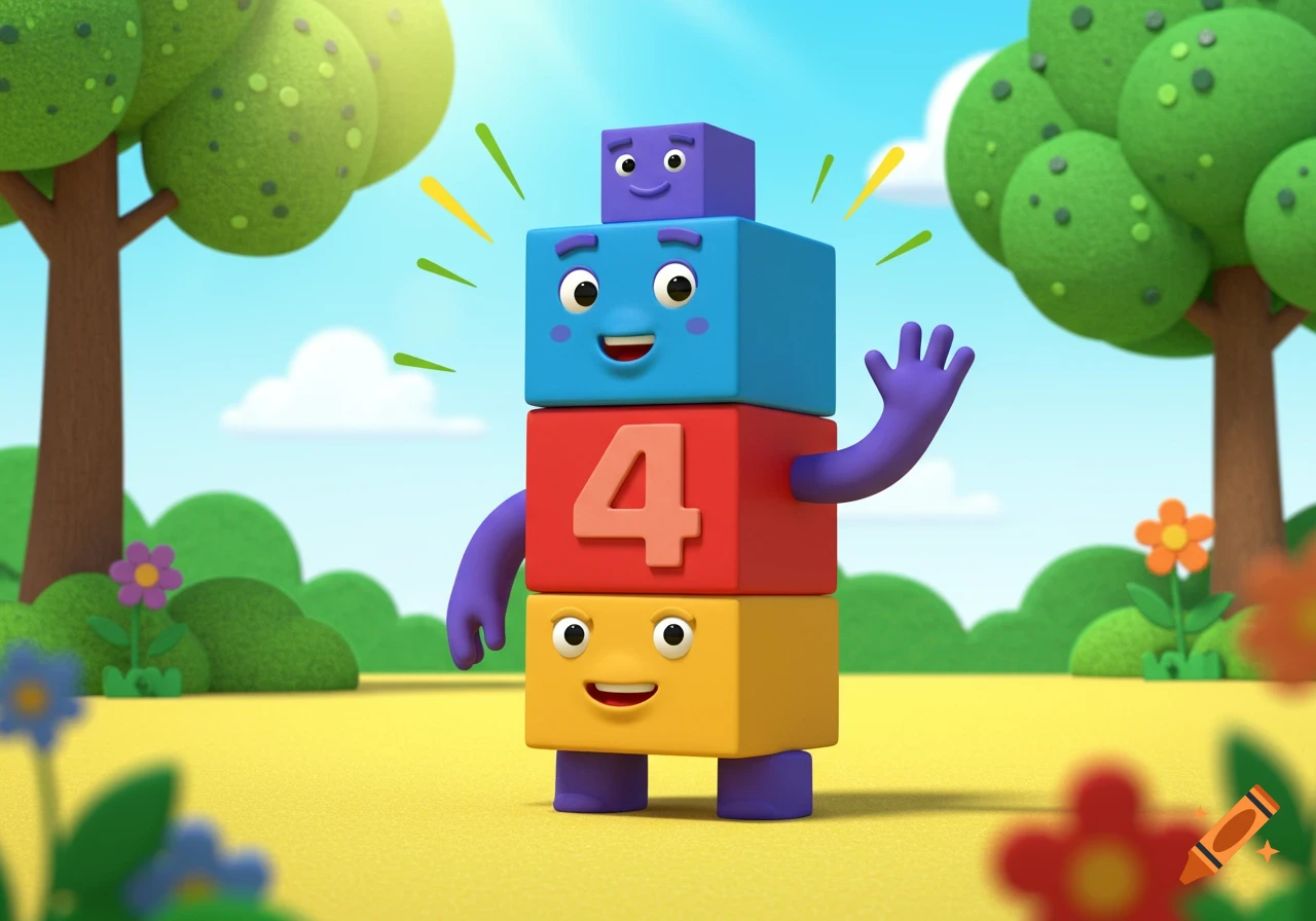 A colorful 3D animated numberblock 4 character waving in a bright, sunny park with trees and flowers.