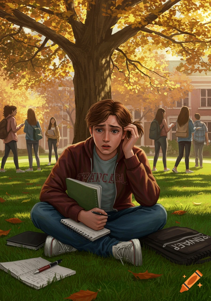 A distressed male college student sits cross-legged on green grass under an autumn tree, surrounded by other students walking on a sunny campus.