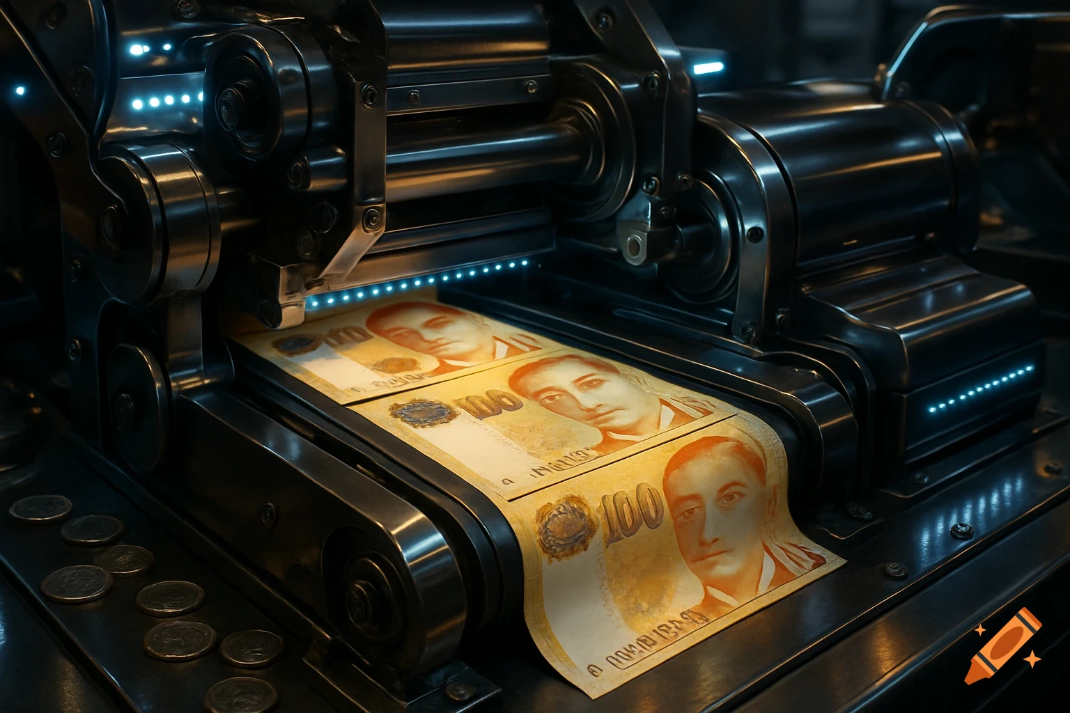 A photorealistic image of a futuristic machine printing Singapore $100 banknotes with blue glowing lights.