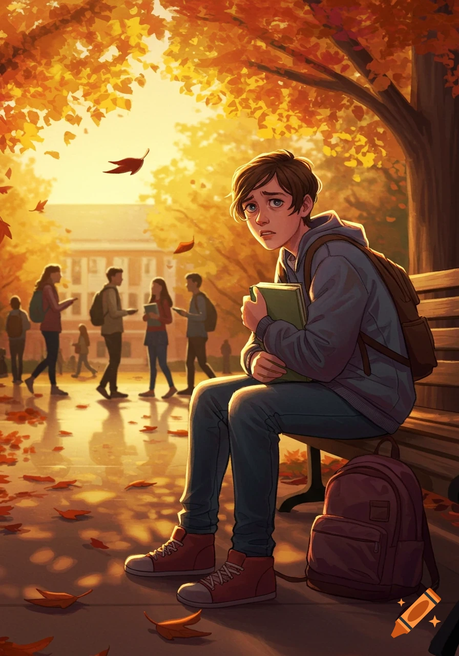 Anxious student sitting alone on a bench on a college campus in autumn, holding a book while other students mingle in the background. Illustrated style.