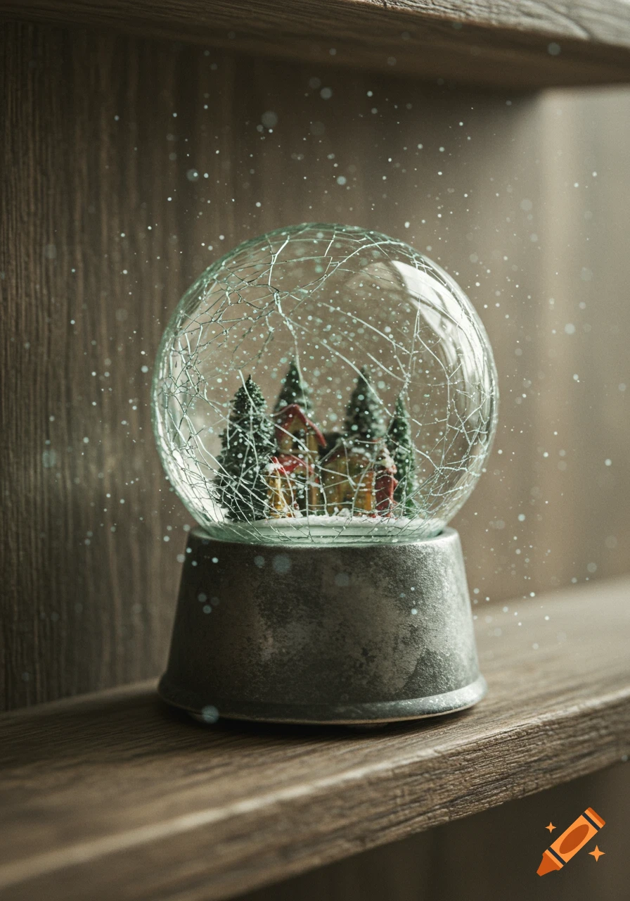 A vintage snow globe with a cracked glass dome sits on a wooden shelf, containing miniature houses and trees with falling snow.