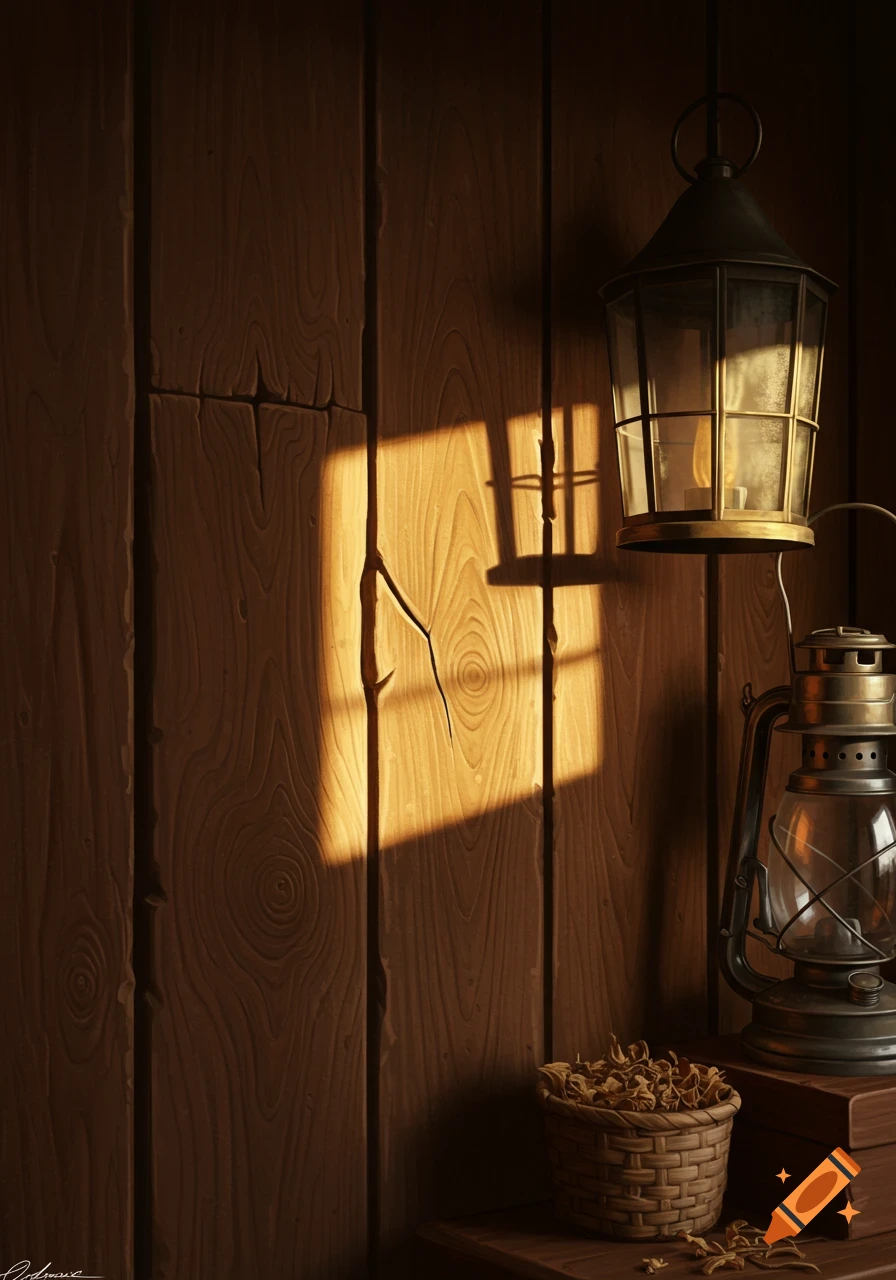 Sunlight casts a window's shadow on a rustic wooden wall next to an antique lantern and a small woven basket.