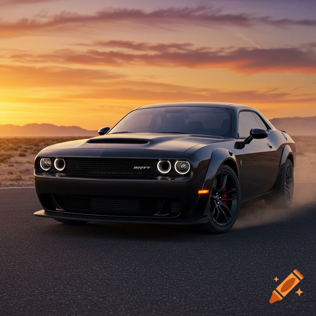 A black Dodge Challenger Hellcat drives on an asphalt road, kicking up dust, against a vibrant sunset sky.