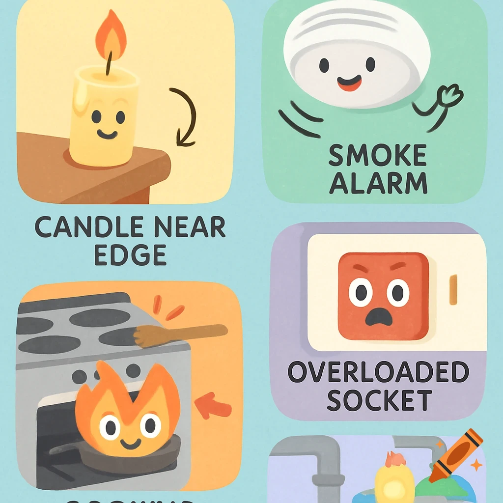 Cartoon infographic illustrating household fire dangers for children: a candle near an edge, a smoke alarm, a stove fire, and an overloaded socket.