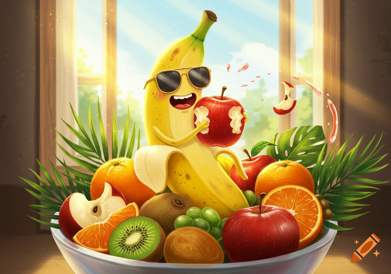 A cheerful cartoon banana with sunglasses holds a bitten red apple, surrounded by a variety of fruits in a bowl on a sunny day.