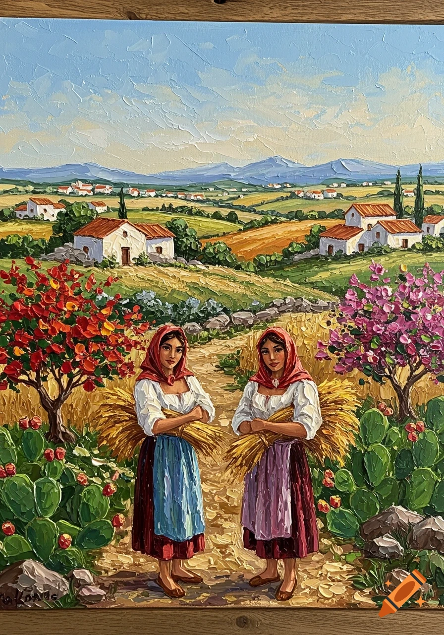 A vibrant impasto painting depicts two peasant women in headscarves holding wheat bundles in a sunny Mediterranean landscape with white houses, mountains, and colorful flowers.