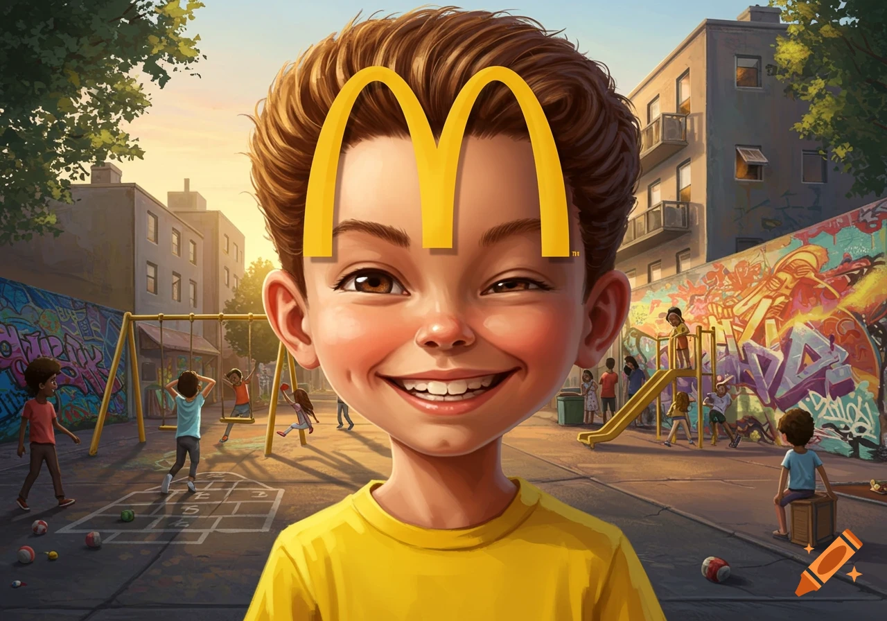 A cartoon child with a McDonald's golden arches logo as their hairline smiles in a sunny playground with other children and graffiti-covered walls.