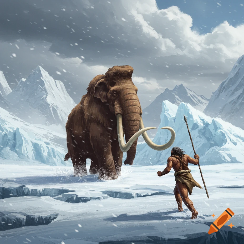An illustration of a Neanderthal with a spear hunting a large woolly mammoth in a snowy, icy, mountainous landscape.