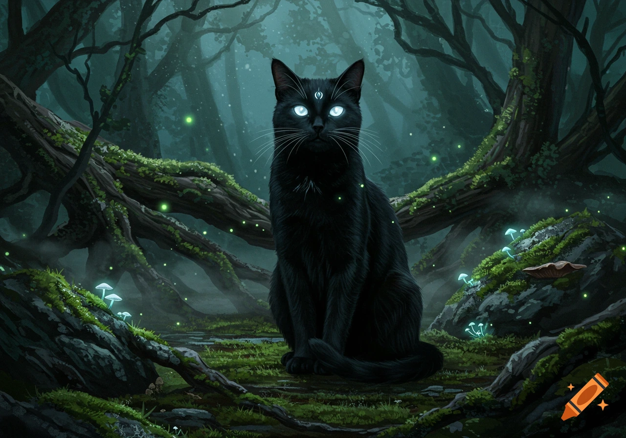 A black cat with glowing blue eyes and a white symbol on its forehead ...
