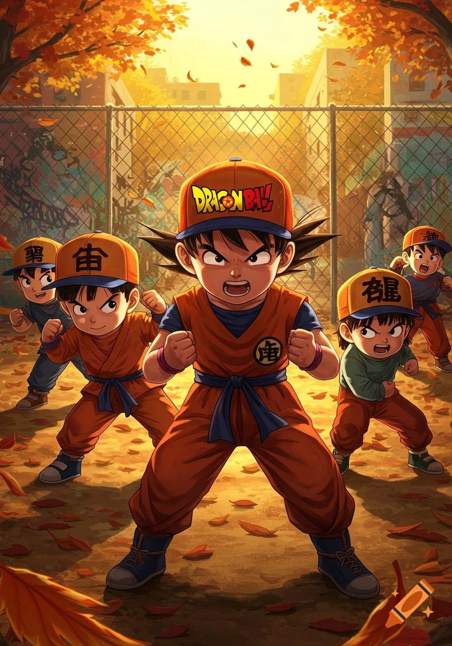 Young anime boys resembling Goku, wearing Dragon Ball caps and martial arts gi, pose angrily in an urban setting with autumn leaves and graffiti.