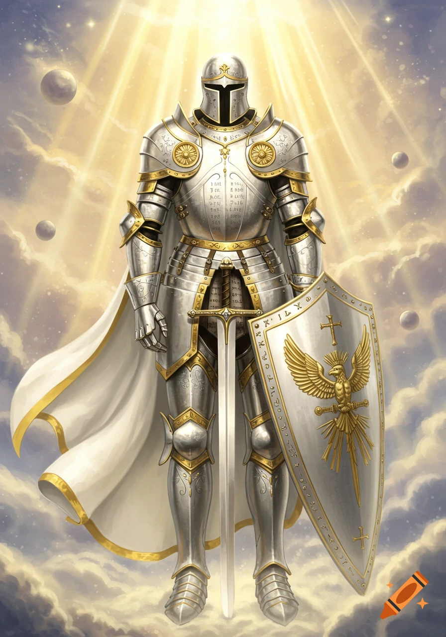 A knight in shining silver and gold armor with a sword and a shield ...