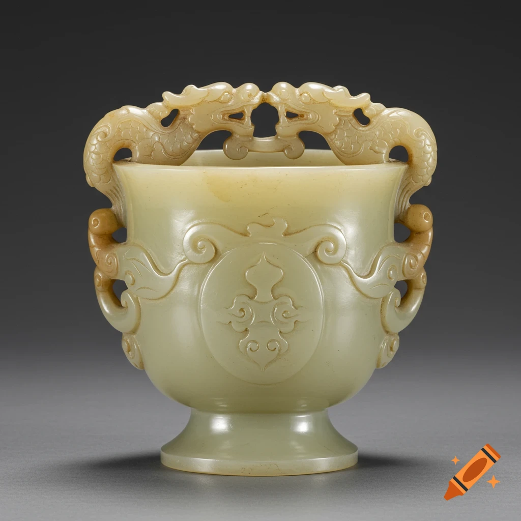 A light green nephrite white jade ritual cup from the Jin Dynasty, intricately carved with two dragons on top and lingzhi fungus designs.