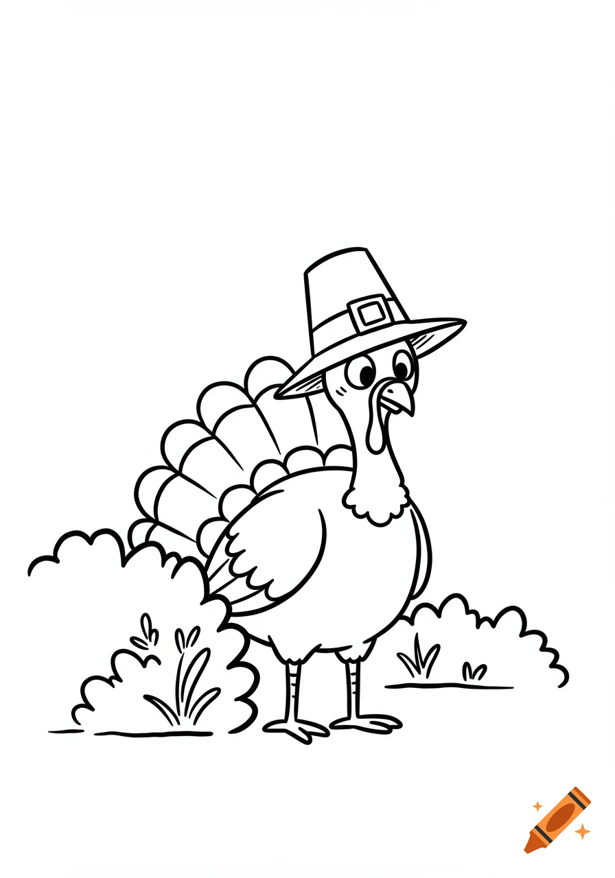 A black and white outline cartoon of a turkey wearing a pilgrim hat, peeking from behind bushes.