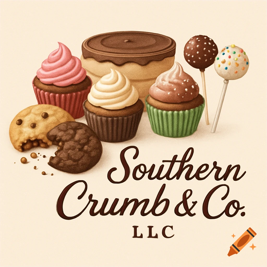 Logo for Southern Crumb & Co. LLC featuring chocolate chip cookies, a bitten chocolate cookie with crumbs, assorted cupcakes, and cake pops.